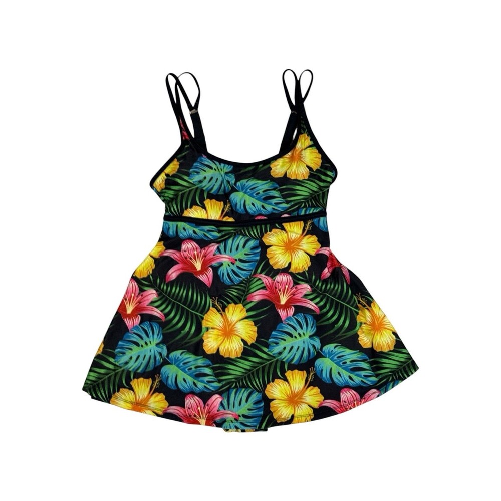 Noon Swim Empire Waist Dress Suit Midnight Plumeria Tropical Print NWT Sz 8